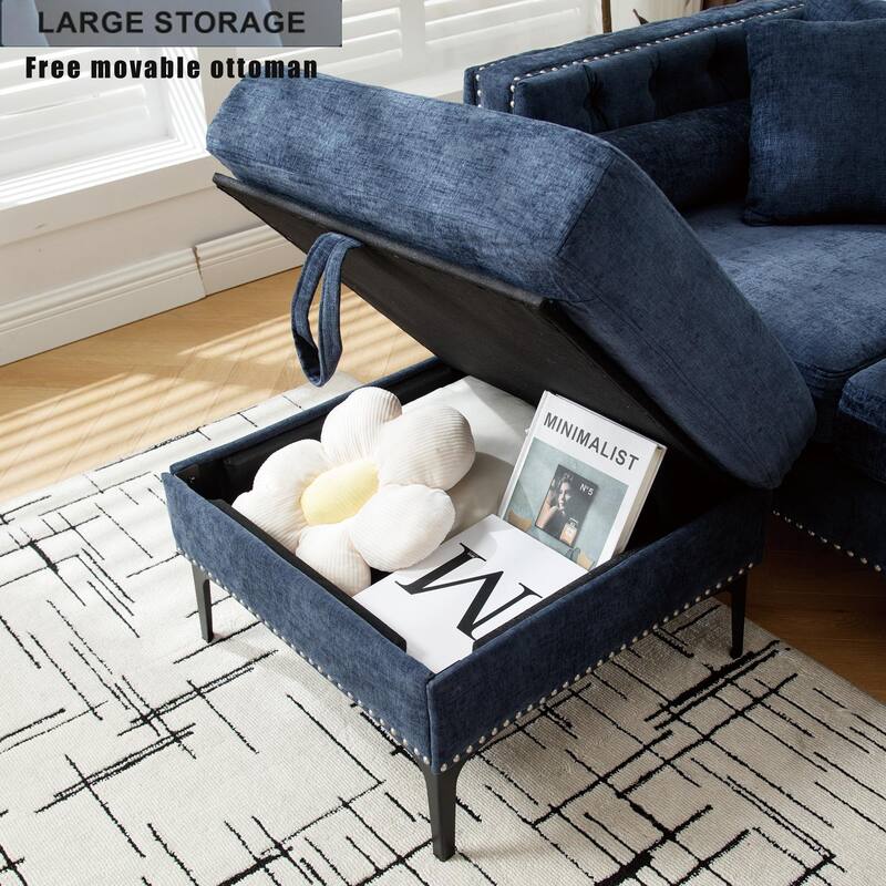 85'' L-Shaped 4 Seater Sectional Sofa with Convertible Storage Ottoman, Pillows, Solid Wood Frame, Modern Tufted Design