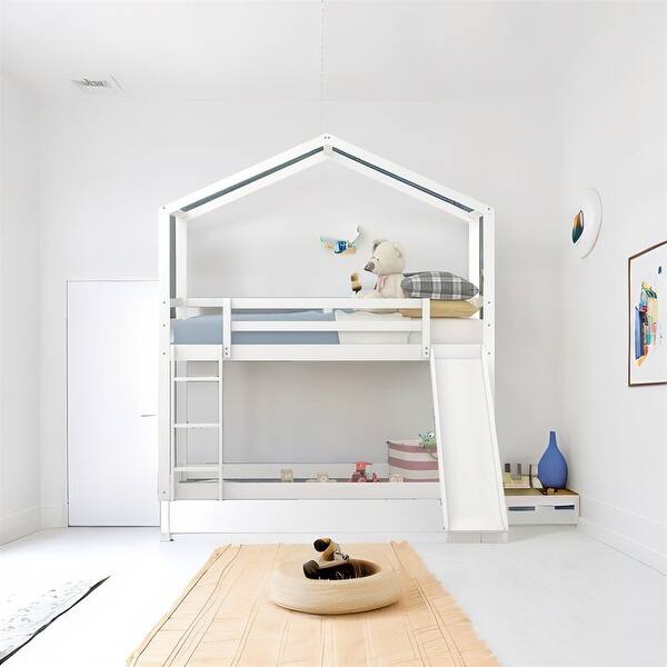 slide 2 of 16, Twin Over Twin Bunk Bed with Roof, Slide and Ladder