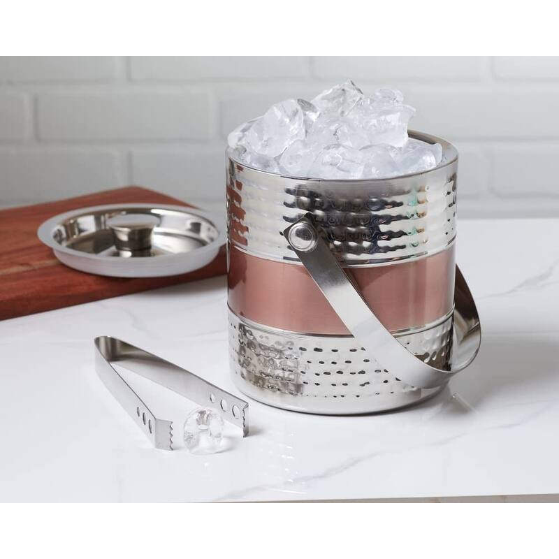 Sol Living Ice Bucket Double Wall Stainless Steel with Lid and Tongs - Copper and Silver