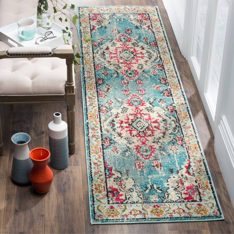 SAFAVIEH Monaco Oceane Boho Medallion Distressed Area Rug - 2'2" x 12' Runner - Light Blue/Fuchsia