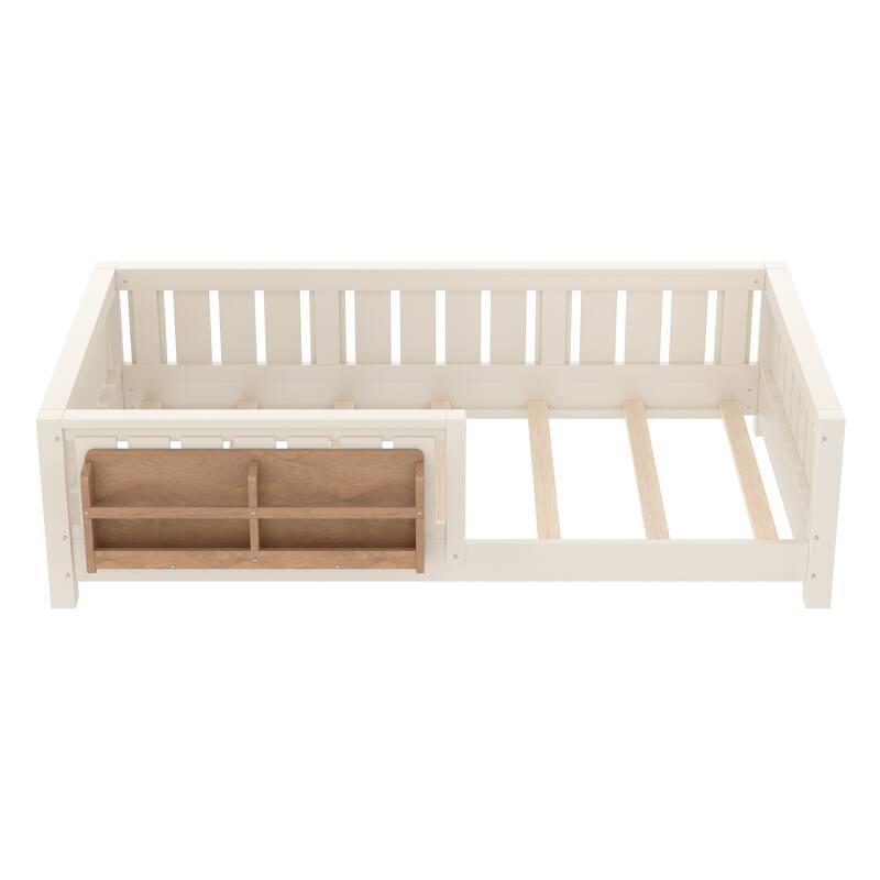 Low Profile Montessori Bed Floor Platform Bed with Fence and Bookshelf