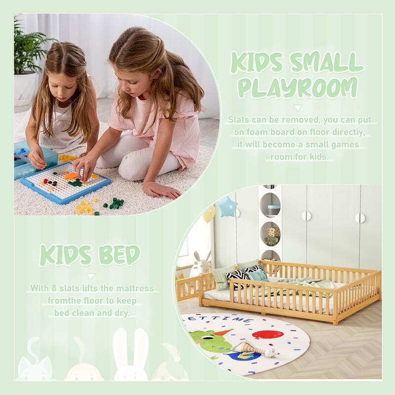 Natural Queen Size Pine Wood Floor Bed with Safety Guardrails and Door for Kids, Boys, Girls, Bedroom