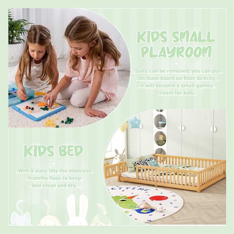 Wooden Floor Bed Frame with Safety Fence and Door, Removed Slat Design