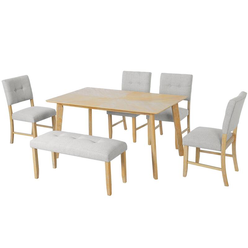 Roomfitters 6 Piece Rustic Dining Set, Rectangular Table with Upholstered Chairs and Bench, Solid Wood Frame, Natural Wood Wash