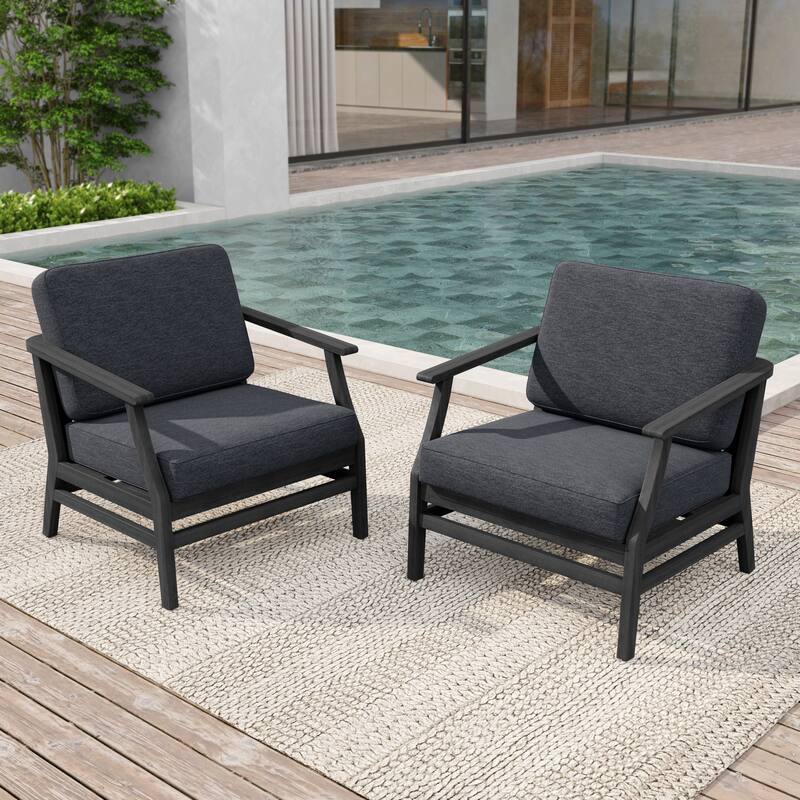 2 Set Patio Teak Wood Outdoor Chair with Cushions - Dark Wood - Dark Grey