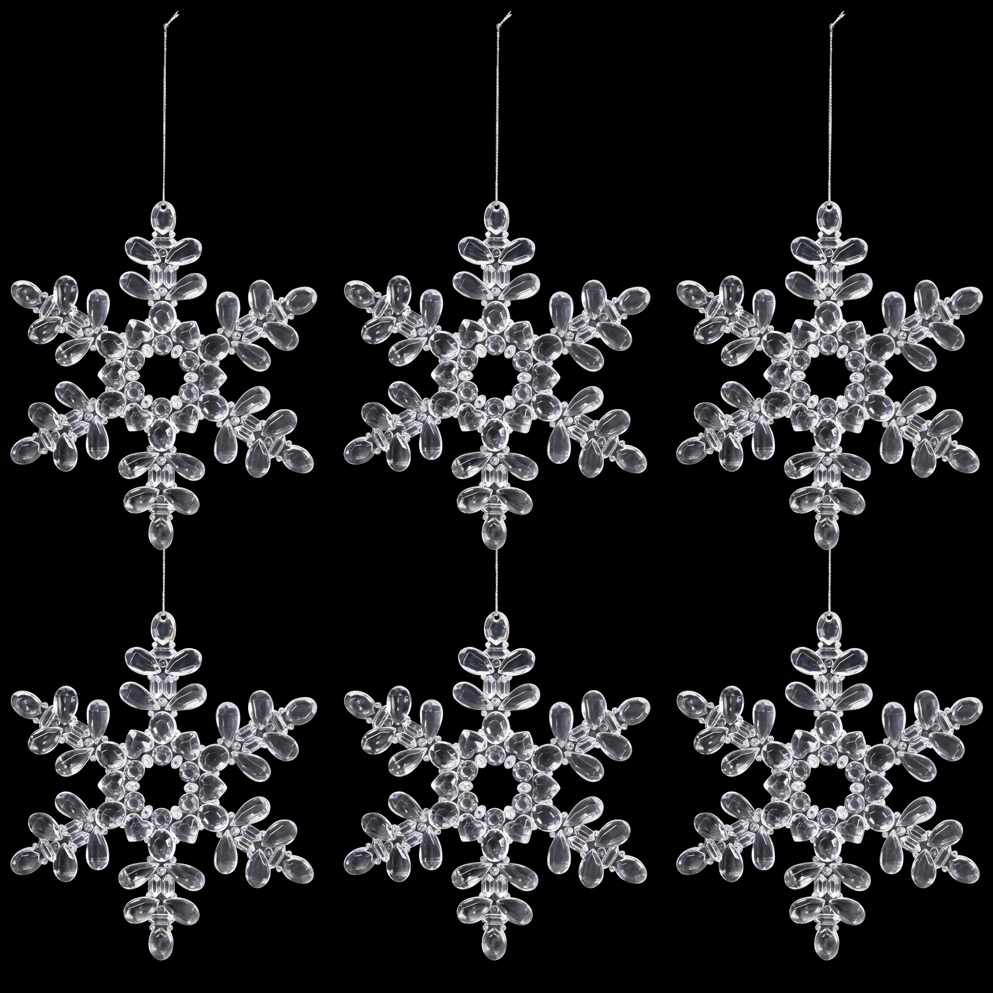 Hanging Acrylic Snowflake Christmas Ornaments - 7" - Clear - Set of 6