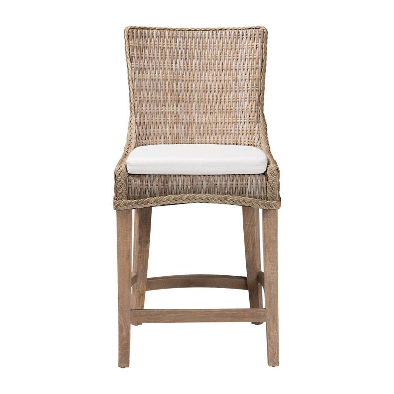 Derris Natural Rattan Counter Stool with Cushion - Tall Wingback Stool with Mango Wood Frame, Boho Coastal Style Seating