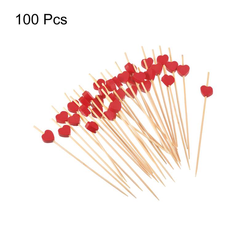 Bamboo Cocktail Toothpicks Heart Drink Fruit Picks Cocktail Skewers 100Pcs Red - 4.72"