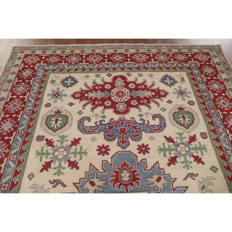 Hand Knotted Oriental 100% Wool Carpet Traditional Geometric Beige & Ivories Kazak Area Rug - 9' 9'' X 6' 7''