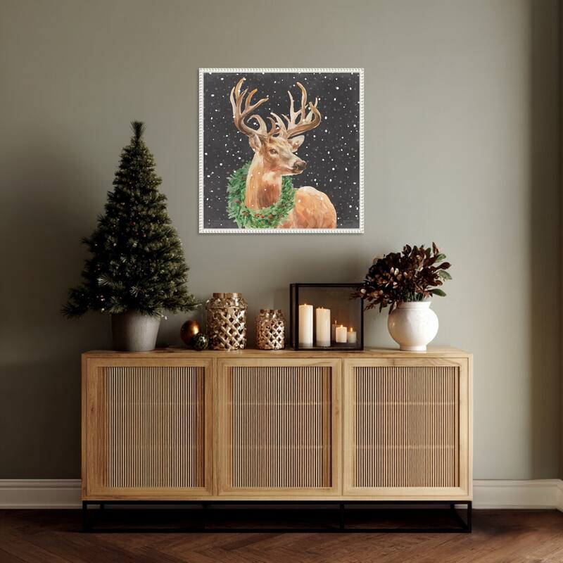 Woodland Holidays Stag Black by Danhui Nai (22 x 22 in.), Framed Canvas Wall Art Print - Sylvie Beaded White