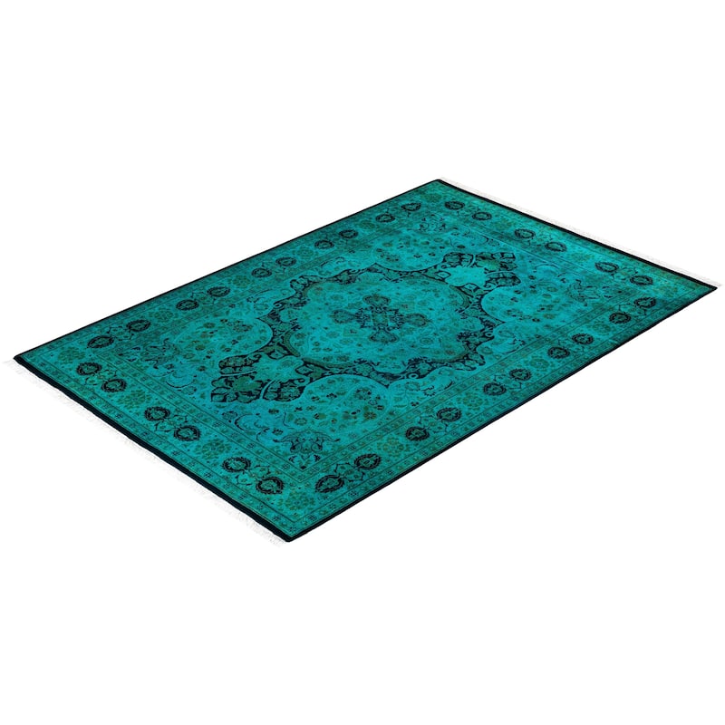 Overton Hand Knotted Wool Vintage Inspired Modern Contemporary Overdyed Blue Area Rug - 4' 2" x 6' 4"