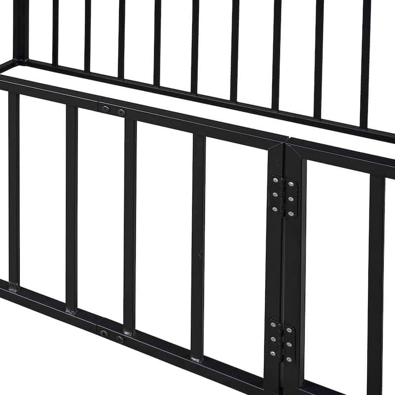 Twin Size Metal Floor Bed Frame with Fence and Door for Kids' Bedroom