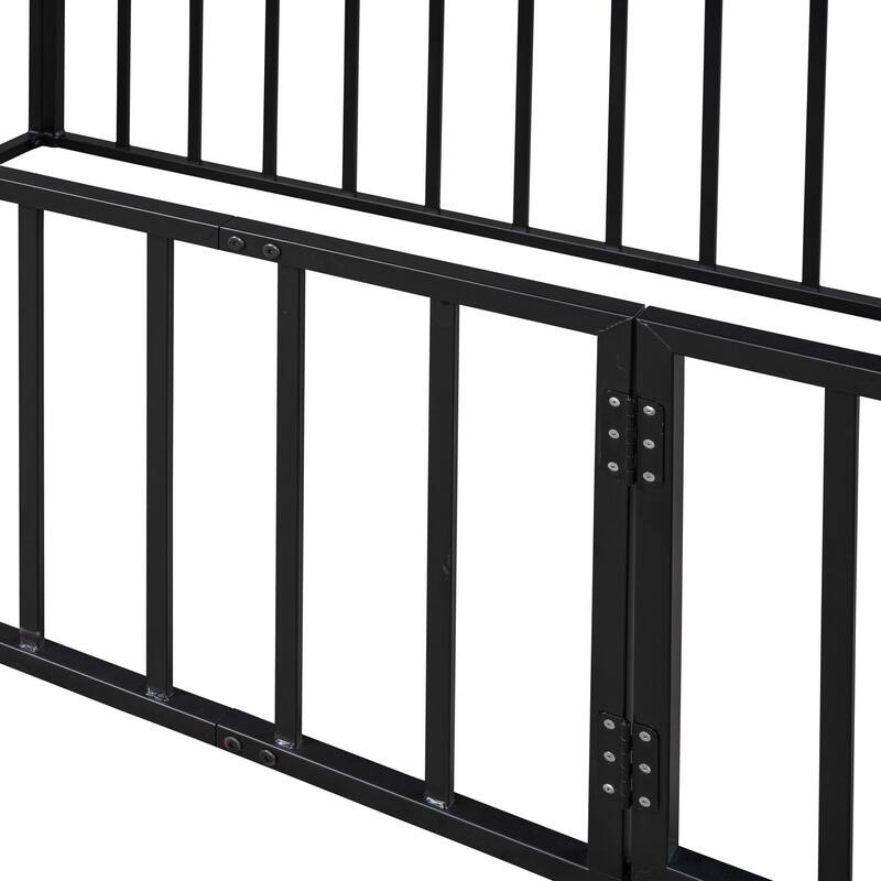 Twin Size Metal Floor Bed Frame with Fence and Safety Door, Black
