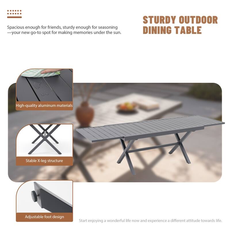 Expandable Aluminum Outdoor Dining Set with 6 PE Wicker Chairs