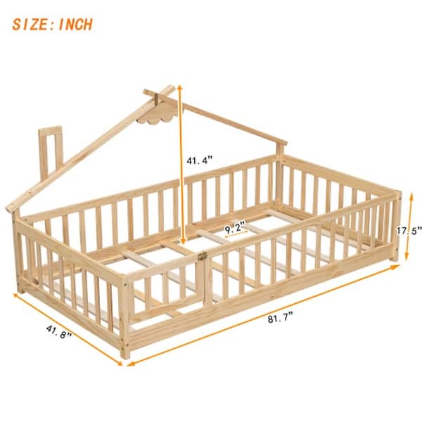 dimension image slide 1 of 5, Wooden Montessori Floor Bed with Guardrails, House-Shaped Floor Bed, Wood Slat Support
