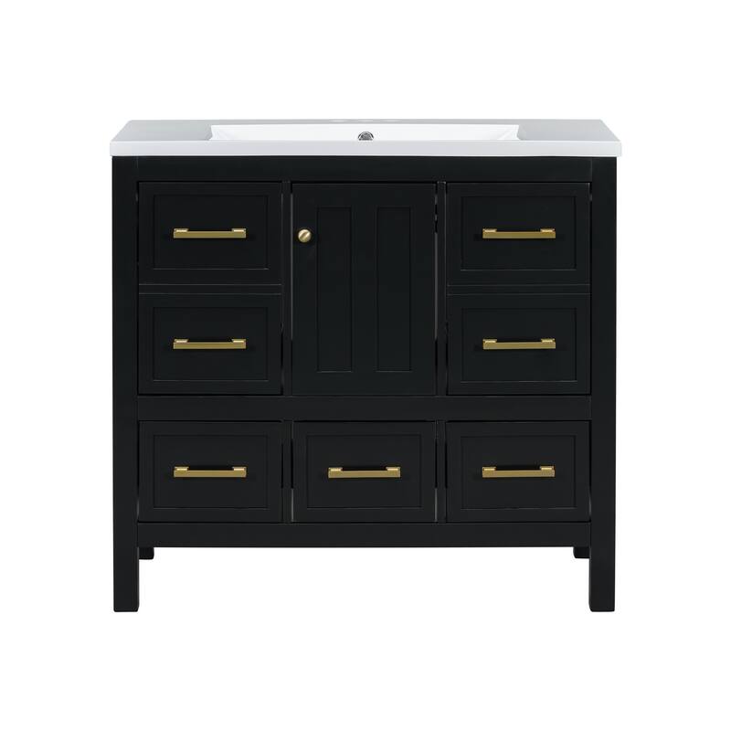 Freestanding Vanity for Bathroom with Resin Sink, Storage Cabinet with 5 Drawers, Soft Closing Doors and Gold Metal Handles