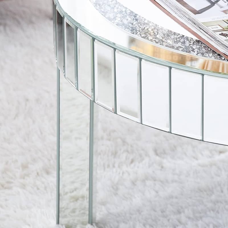 Silver Crushed Crystal Side Coffee Table Crystals Inlay Mirrored Table - 24"x20"