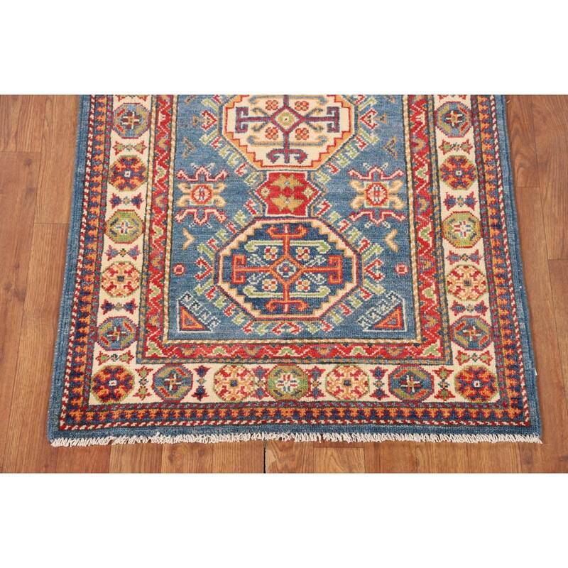 Blue Geometric Kazak Foyer Rug Handmade Bedroom Wool Carpet - 2'7" x 4'1"