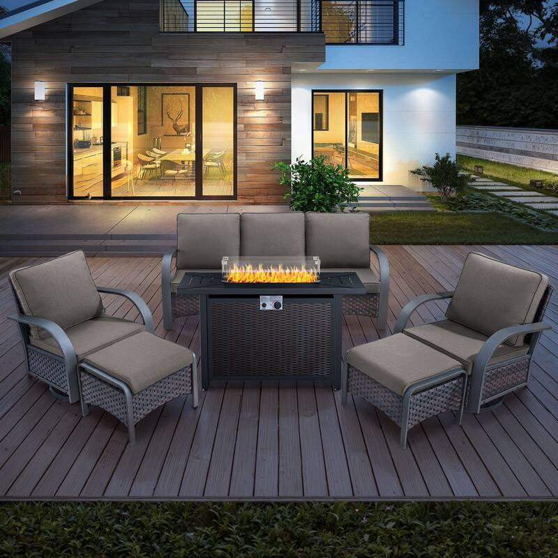 Outdoor Sofa Chair with Fire Pit Table Set - Brown Rattan - Grey Cushion - 6PCS Sofa Swivel Chair Ottoman with Fire Table
