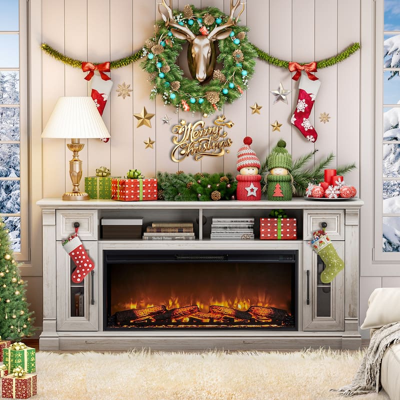 Fireplace TV Stand for 80" TV, Entertainment Center with LED Lights - Washed white color