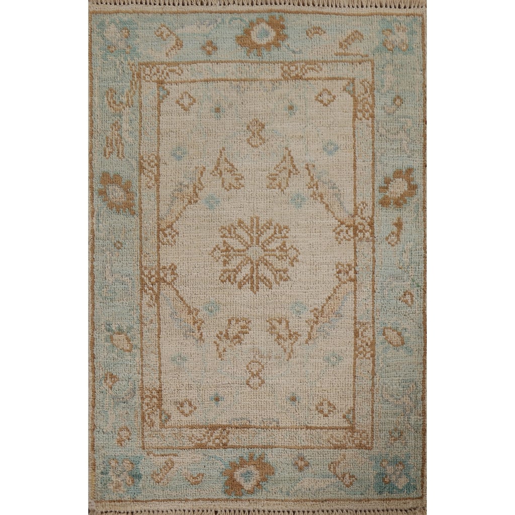 Hand Knotted Oriental 100% Wool Carpet Transitional Geometric Beige & Ivories Oushak Area Rug - 2' 11'' X 2' 0''