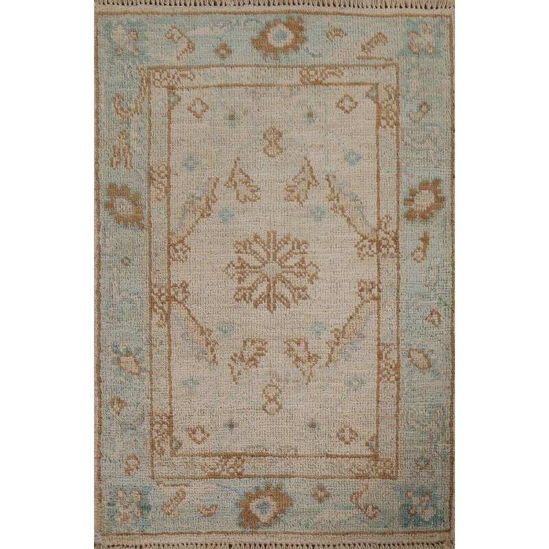 Hand Knotted Oriental 100% Wool Carpet Transitional Geometric Beige & Ivories Oushak Area Rug - 2' 11'' X 2' 0''