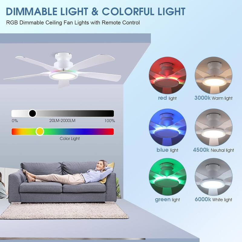 52 Inches Low Profile Flush Mount Ceiling Fan with LED Light,Reversible DC Motor - 52 Inches