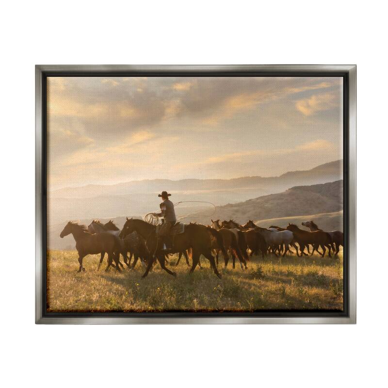 Stupell Cowboy in Rural Landscape Framed Floater Canvas Wall Art Design by PBurchettePhoto - 31 x 25 - Grey