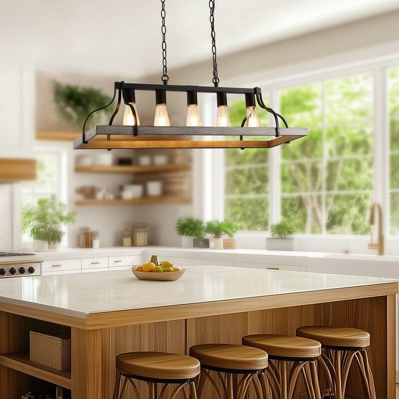 YANSUN 5-Light Wooden Frame Island Pendant, Gray Wood Hand-Painted Finish, Metal and Wood Construction for Rustic Lighting