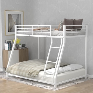 Twin over Full Size Metal Floor Bunk Bed with Fence and Ladder for Kids, Bedroom