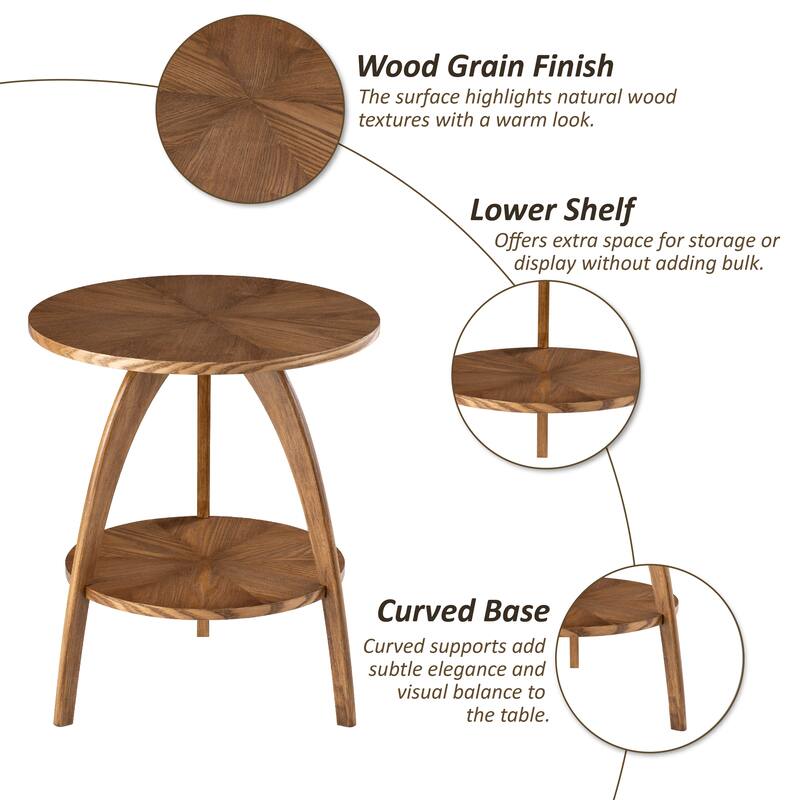COZAYH Wood Round End Table with Storage Shelf, Walnut Finish Mid-Century Modern Accent Side Table with Curved Legs