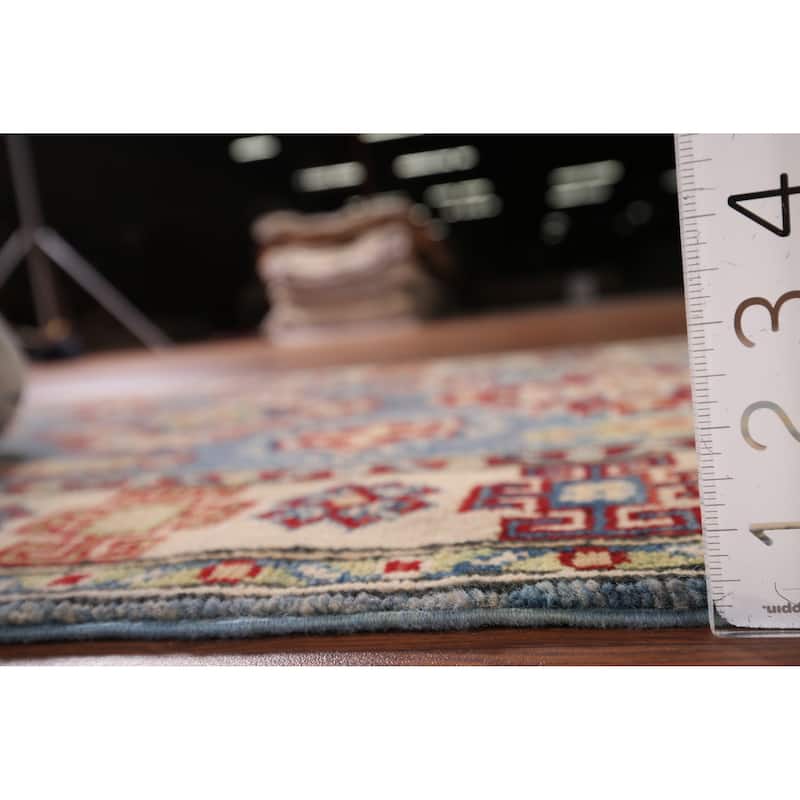 Blue Geometric Kazak Runner Rug Hand-Knotted Wool Carpet - 2'9" x 15'11"