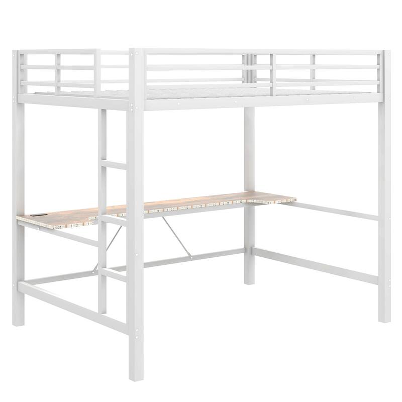 Gaming Loft Bed with RGB LED Light & USB Charge Station, Metal Loft Bed Frame w/Built-in Desk & Full-Length Guardrails