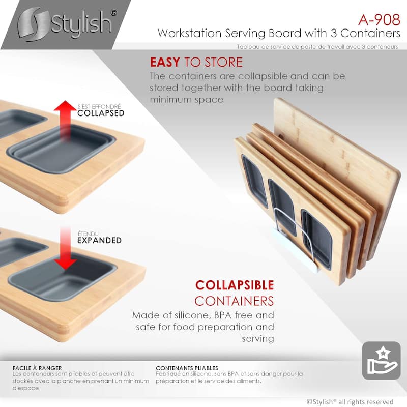 STYLISH 18 inch Over the Sink Divided Serving Board with 3 Collapsible Containers - 16.75" x 8.5"