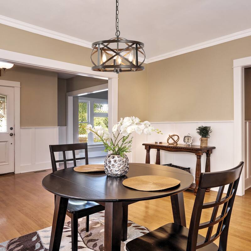 Modern Farmhouse 4-Light Drum Chandelier Wood Grain Lights for Dining Room - D15.5" x H76"