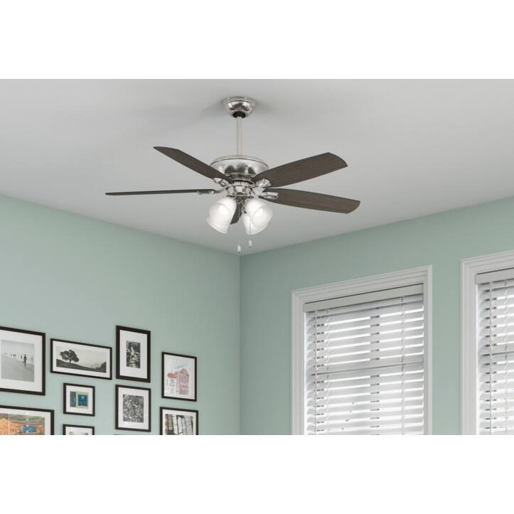 Hunter 52 Inch Indoor Ceiling Fan With LED Lights - Ceiling Fan With Pull Chain, For Bedroom Or Living Room, Standard Mount, No Remote, 5 Blades, Includes Bulbs - Builder Plus 51111, Brushed Nickel
