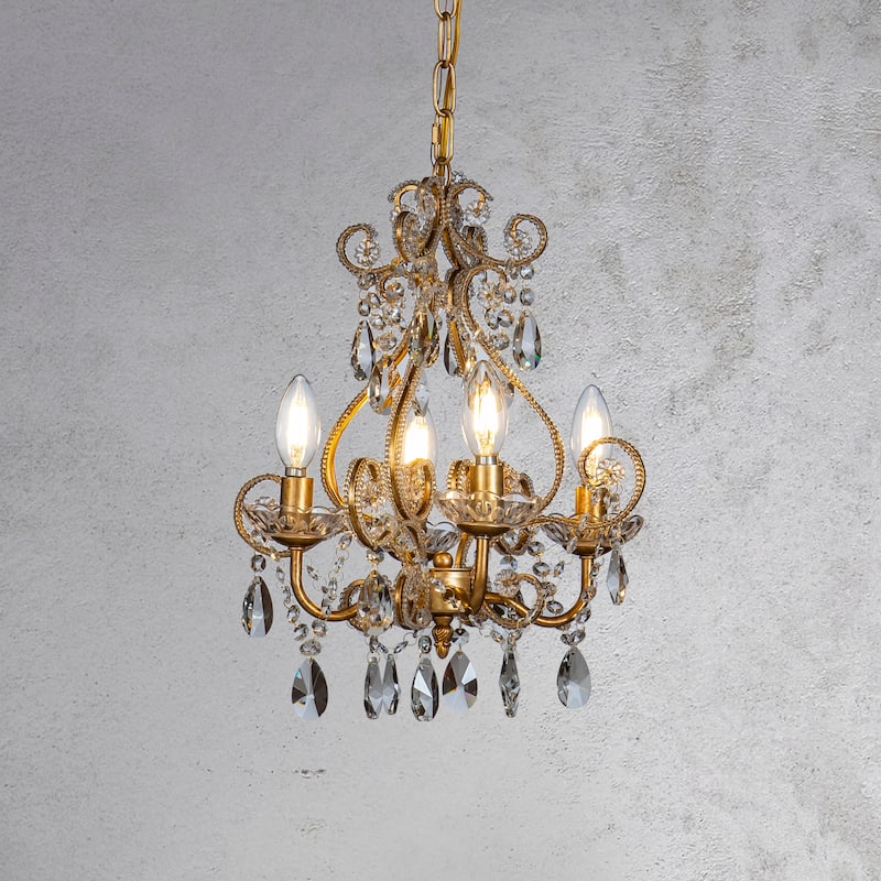 CraftHome 4-Lights Vintage Gold Candlestick Chandelier Pendant Lighting with Crystal Accent