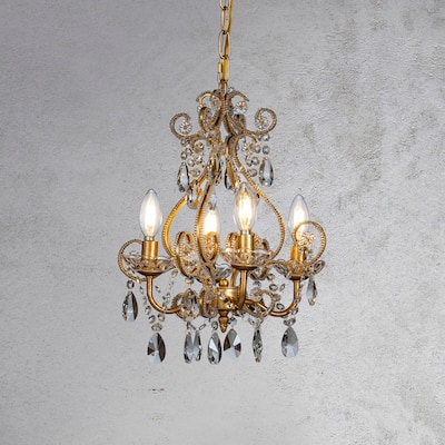 4-Lights Vintage Gold Candlestick Chandelier Pendant Lighting with Crystal Accent