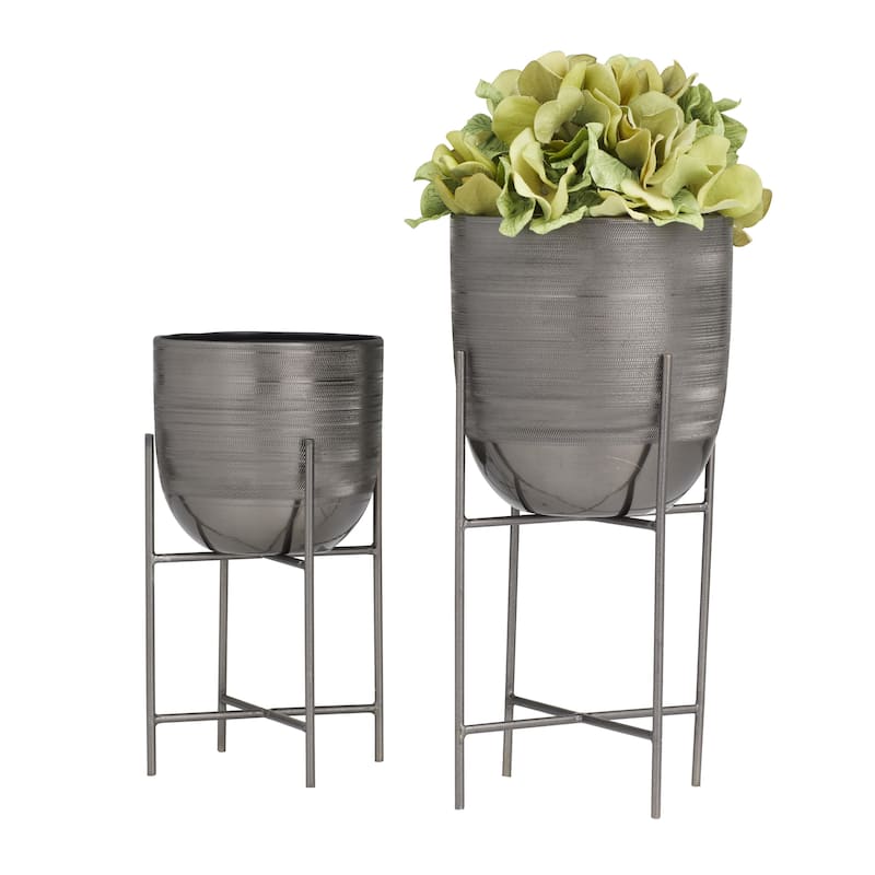 Metal Indoor Outdoor Planter with Removable Stand - Set of 2 Silver, Gray, Gold - Roche River Decor