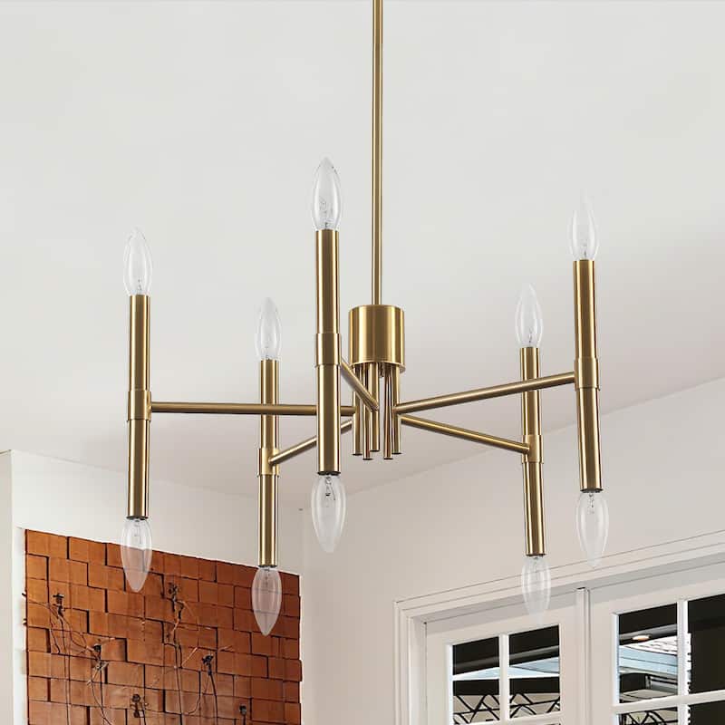 10 - Light Modern candle Chandelier with Adjustable Height, Sleek Linear Design for Dining Room, Living Room - Brushed Gold