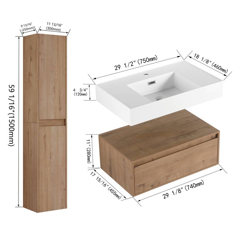 30" Wall-Mounted Bathroom Vanity with Resin Sink, Soft-Close Drawer & Adjustable Side Cabinets, Easy Assembly