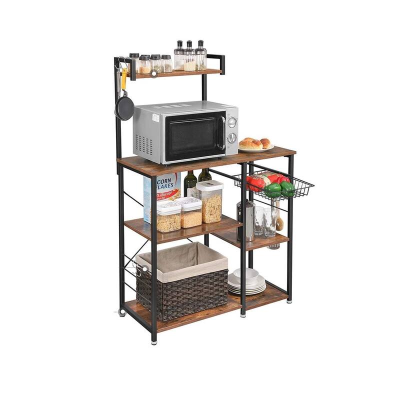 Rustic Brown Baker’s Rack Kitchen Shelf with wire Basket and 6 S-Hooks Perfect for Microwave or Oven - 35.4"L x 15.7"W x 52"H