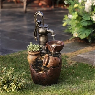 Farmhouse Pump and Pots Resin Outdoor Fountain with LED Lights