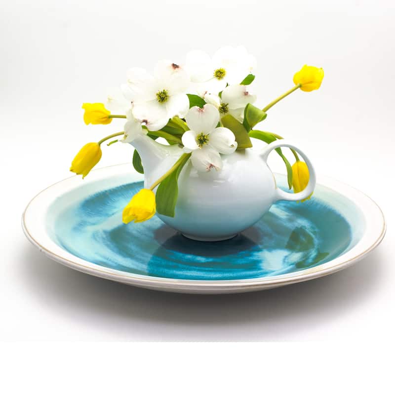 Euro Ceramica Grotto Blue 18" Tropical Decorative Round Platter with Stand - 18 in. x 18 in. x 2.25 in.