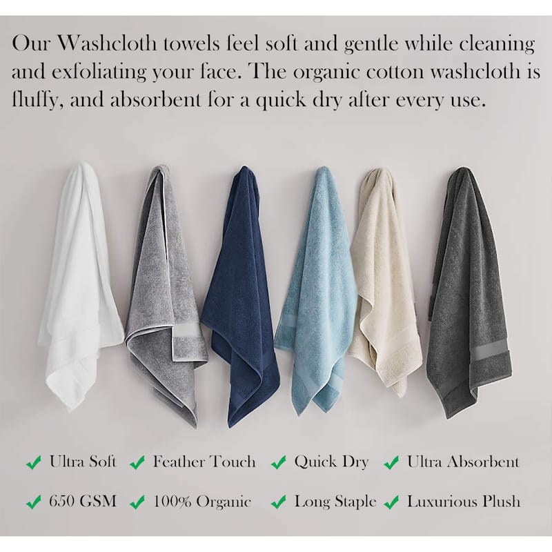 Delara Organic Cotton Luxuriously Plush Washcloths Pack of 6 |GOTS & OEKO-TEX Certified |650 GSM Long Staple | Quick Dry & Soft
