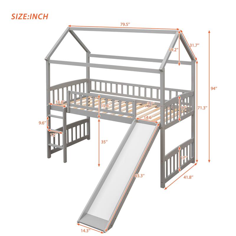 Space-Saving Twin Loft Bed with Slide, Gray - No Box Spring Needed