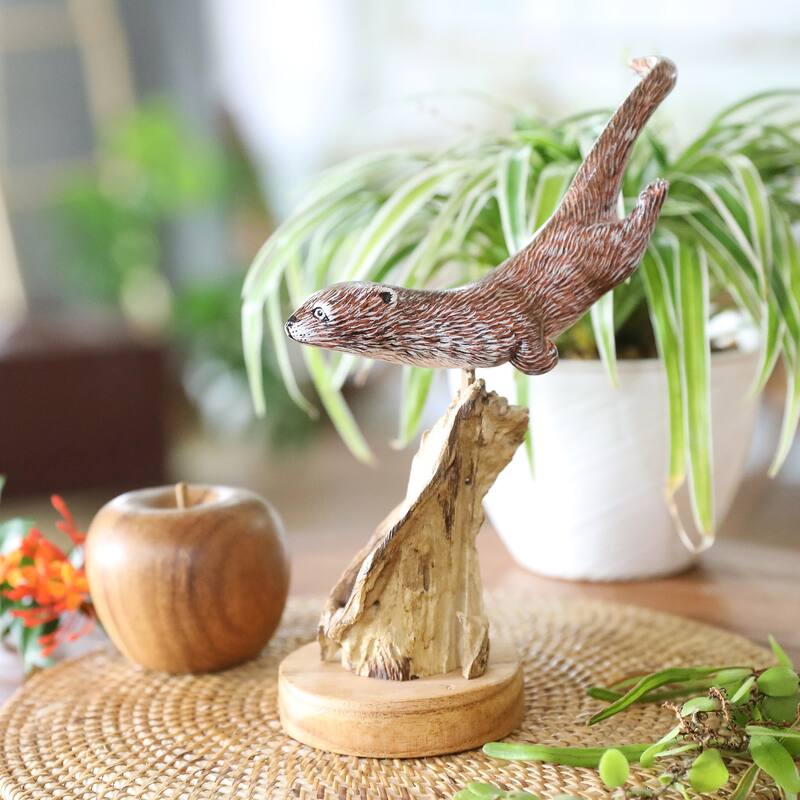 Novica Handmade Swimming Otter Wood Sculpture
