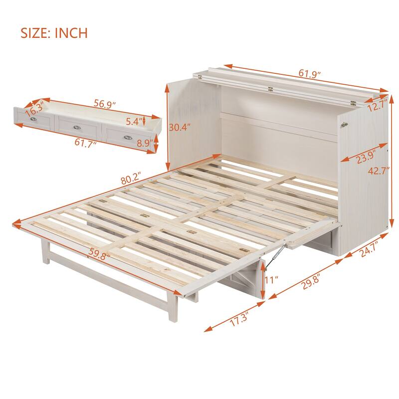 Foldable Murphy Bed with Large Drawers, USB Ports and Outlets