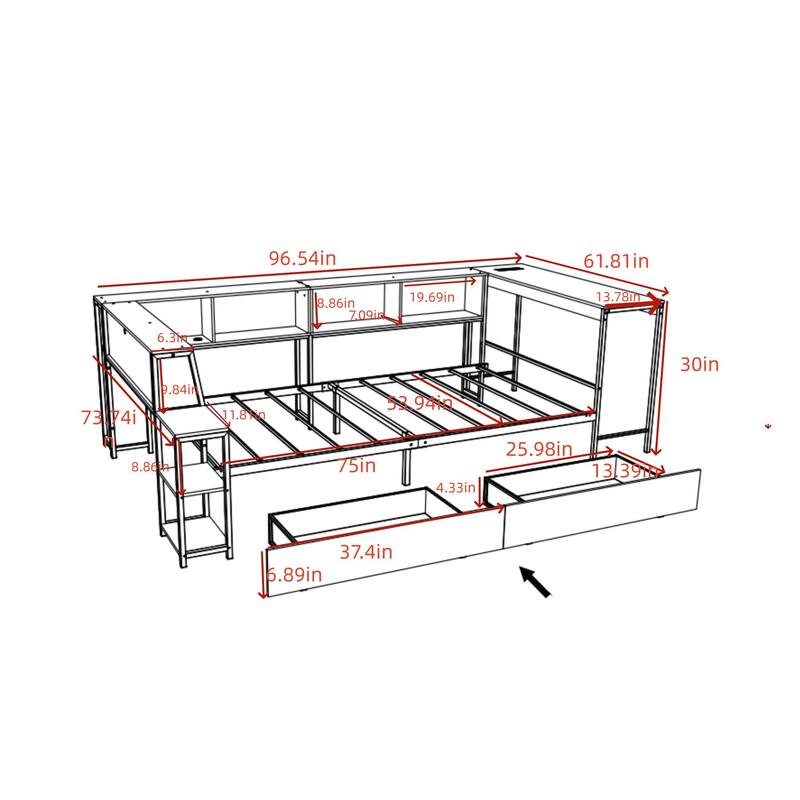 Twin/Full Size Corner Bed Frame with Bookcase, LED Lights, Charging Station and 2 Storage Drawers, Modern Platform Bed