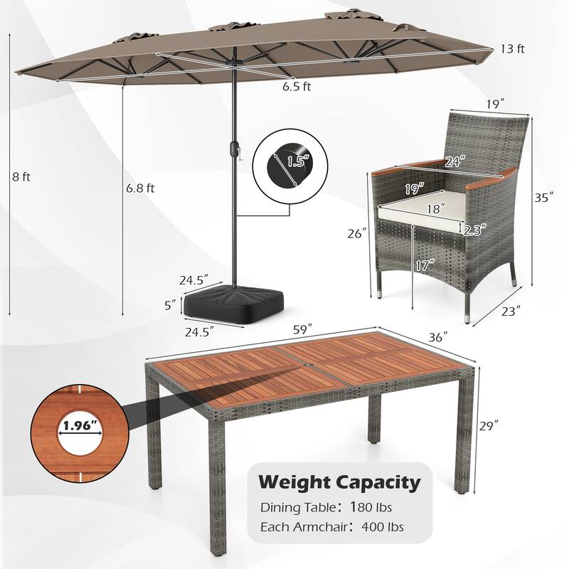 Gymax 8-Piece Patio Dining Set w/ Double-Sided Market Umbrella Acacia
